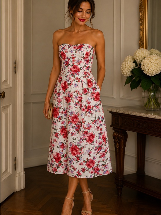 Francesca's Collections Dresses & Skirts - Francesca's Collections Strapless White Midi Dress with Pink Floral Print
